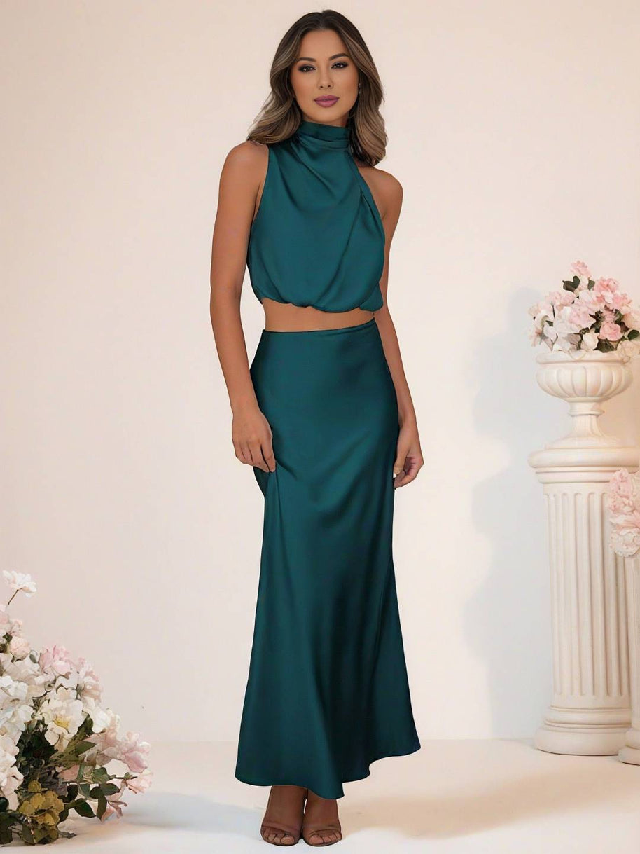 WW | Brautjungfernkleid Satin Rollkragen Ohne Ärmel Cropped Langer Rock Damen Elegant Trauzeugin Kleid