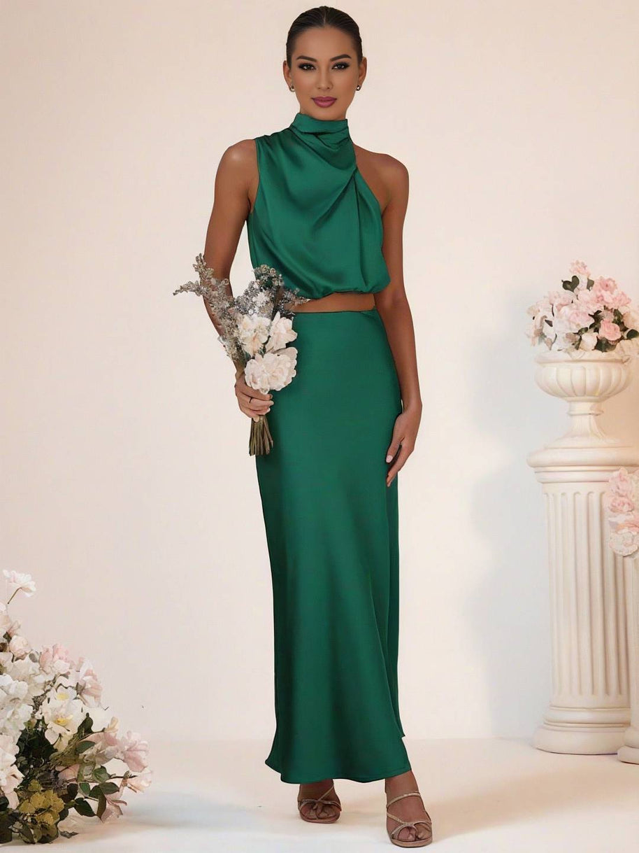 WW | Brautjungfernkleid Satin Rollkragen Ohne Ärmel Cropped Langer Rock Damen Elegant Trauzeugin Kleid