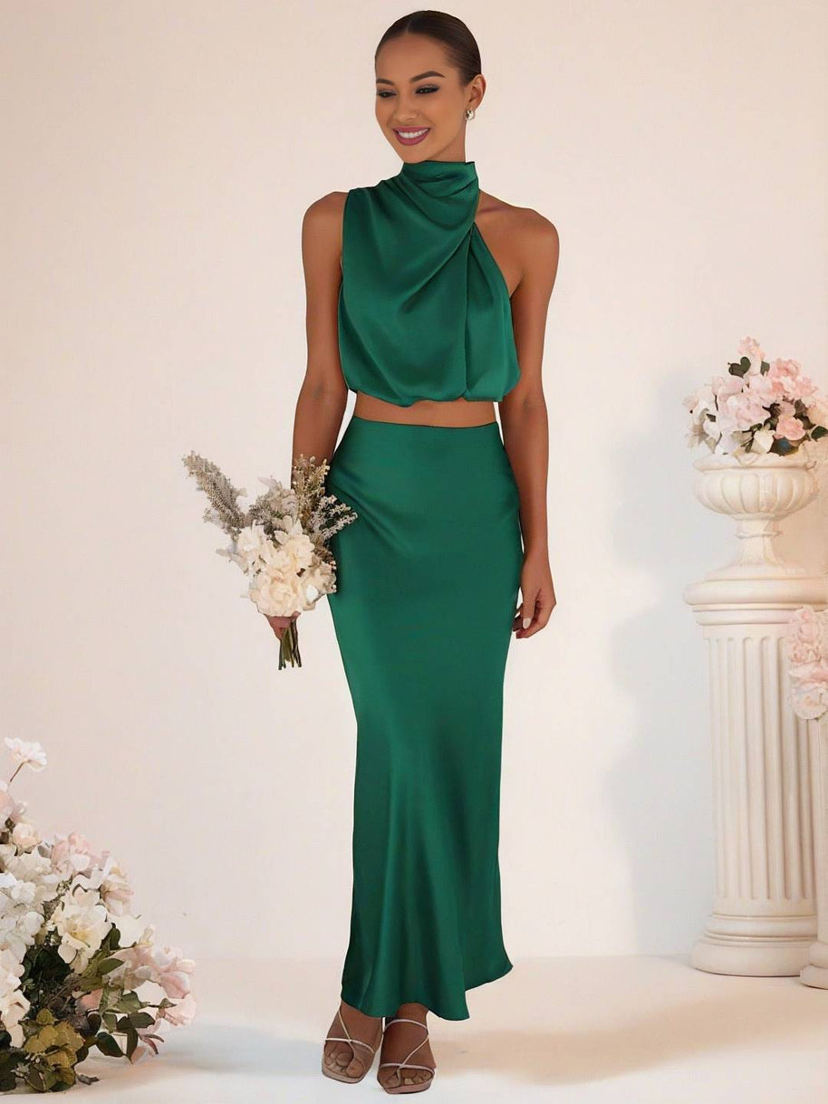 WW | Brautjungfernkleid Satin Rollkragen Ohne Ärmel Cropped Langer Rock Damen Elegant Trauzeugin Kleid