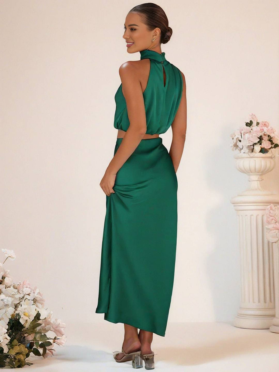 WW | Brautjungfernkleid Satin Rollkragen Ohne Ärmel Cropped Langer Rock Damen Elegant Trauzeugin Kleid