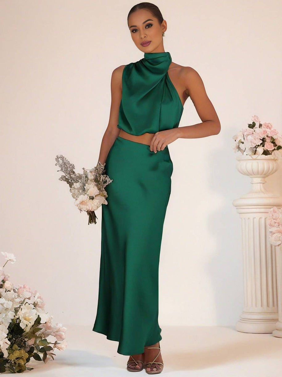WW | Brautjungfernkleid Satin Rollkragen Ohne Ärmel Cropped Langer Rock Damen Elegant Trauzeugin Kleid