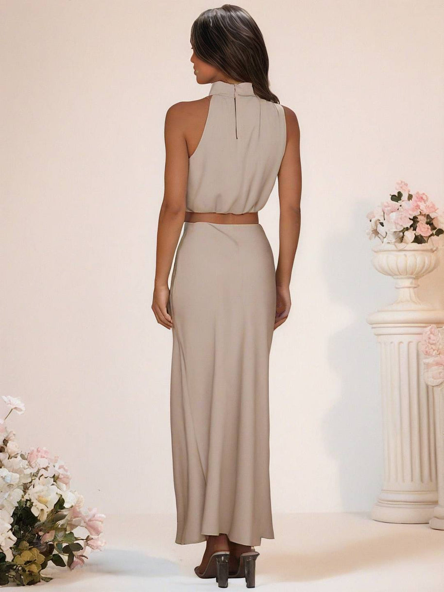 WW | Brautjungfernkleid Satin Rollkragen Ohne Ärmel Cropped Langer Rock Damen Elegant Trauzeugin Kleid