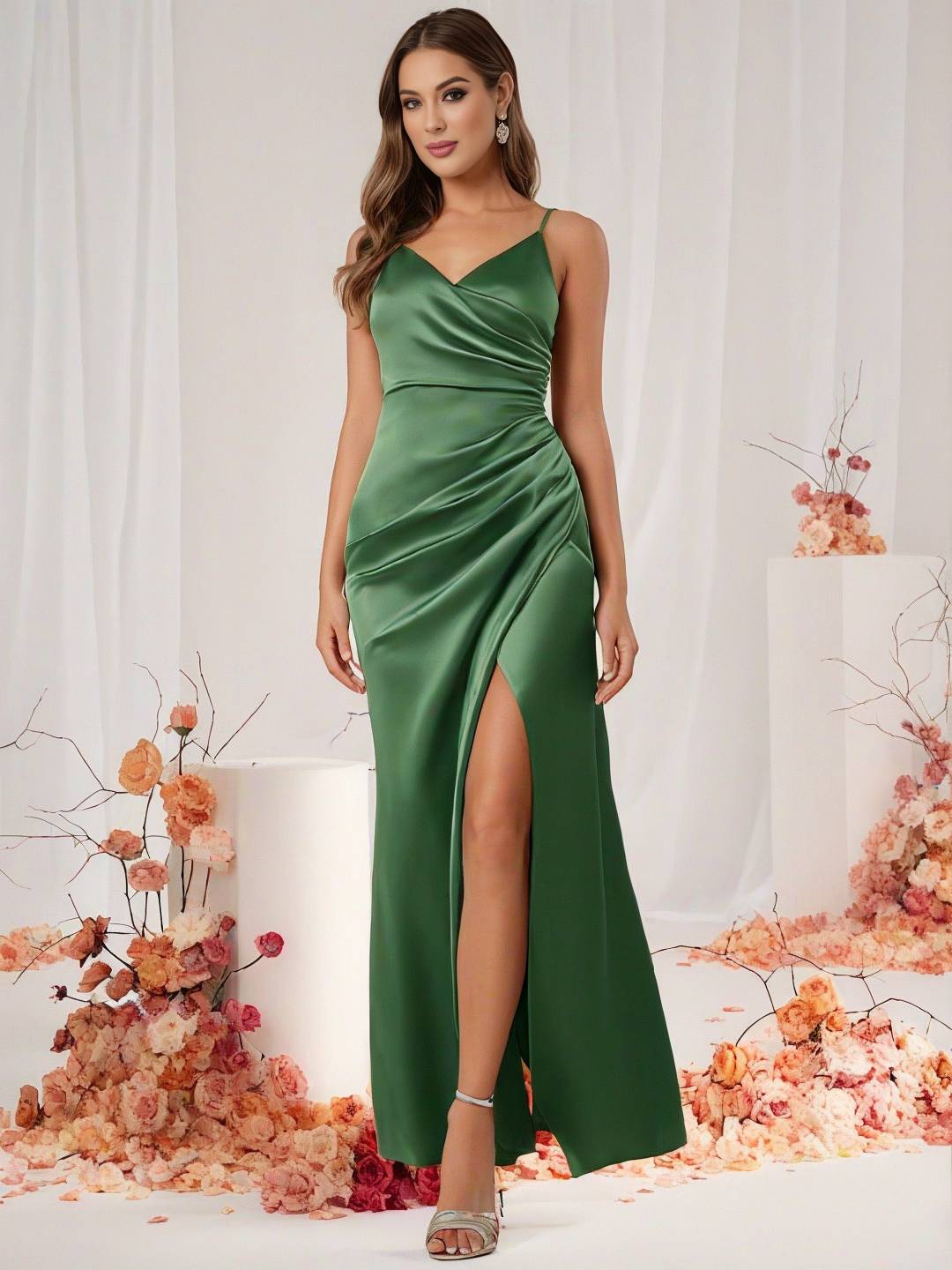 WW | Brautjungfernkleid Satin V-Ausschnitt Geteilter Rücken Ärmelloses Abendgast Hochzeitskleid