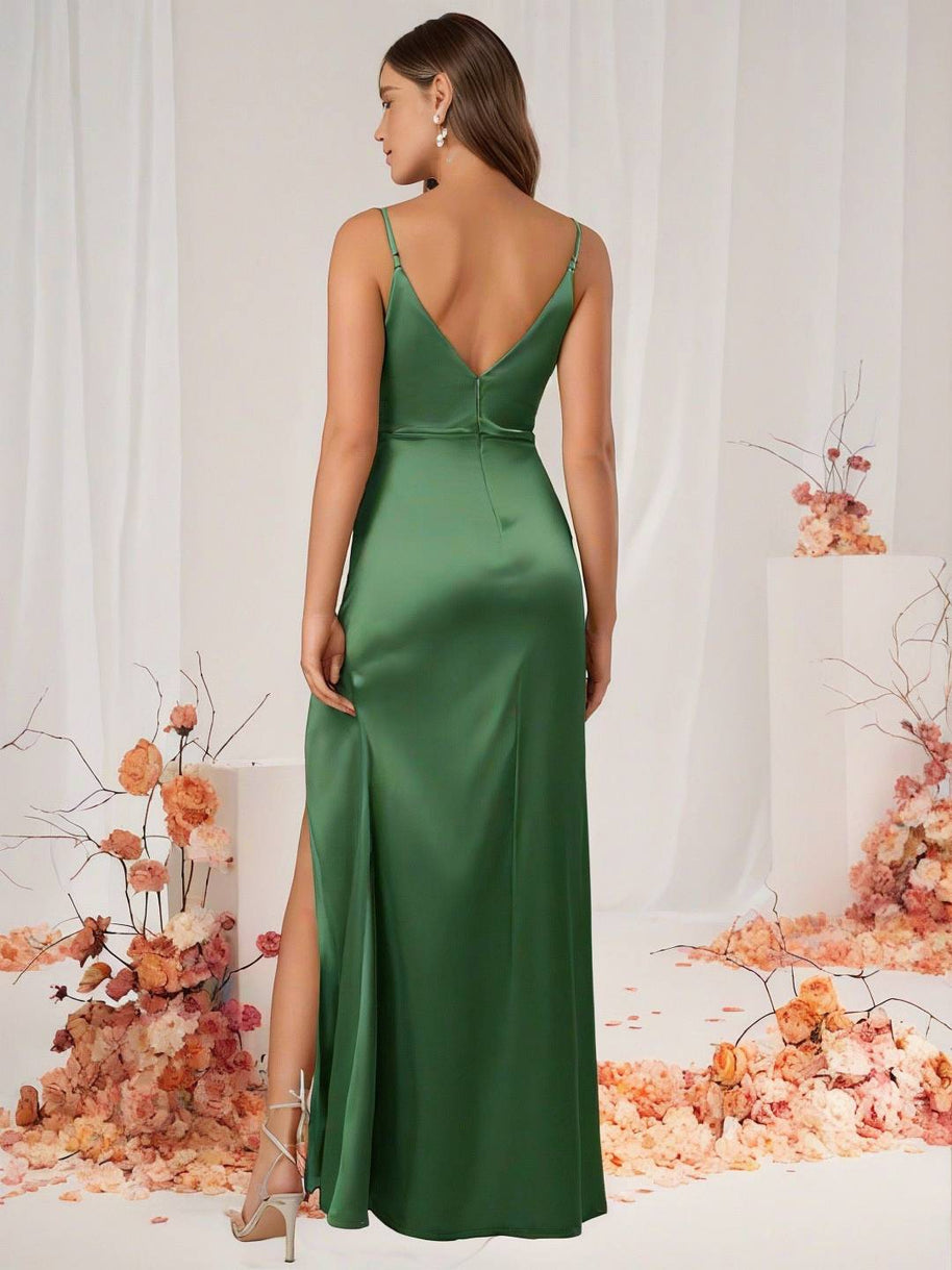 WW | Brautjungfernkleid Satin V-Ausschnitt Geteilter Rücken Ärmelloses Abendgast Hochzeitskleid