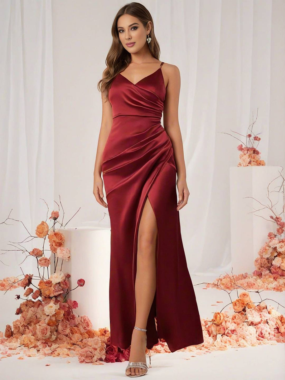 WW | Brautjungfernkleid Satin V-Ausschnitt Geteilter Rücken Ärmelloses Abendgast Hochzeitskleid