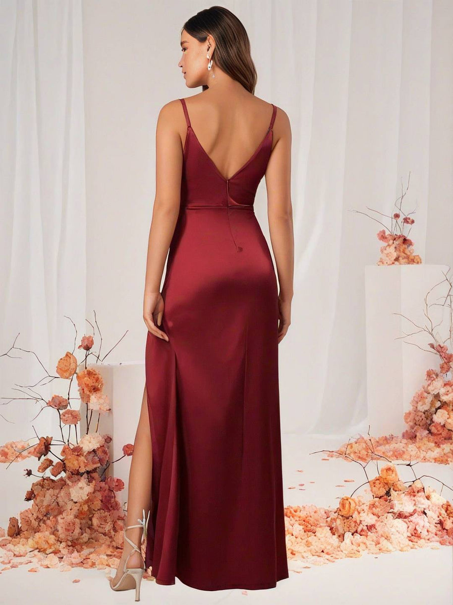 WW | Brautjungfernkleid Satin V-Ausschnitt Geteilter Rücken Ärmelloses Abendgast Hochzeitskleid