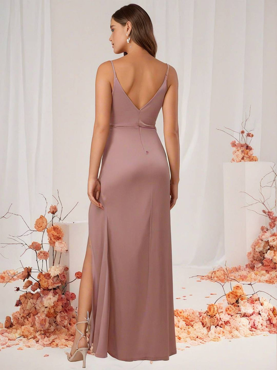 WW | Brautjungfernkleid Satin V-Ausschnitt Geteilter Rücken Ärmelloses Abendgast Hochzeitskleid