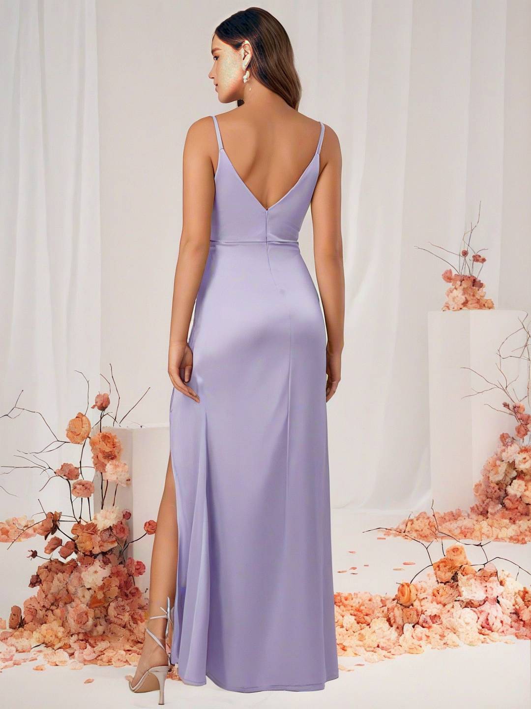 WW | Brautjungfernkleid Satin V-Ausschnitt Geteilter Rücken Ärmelloses Abendgast Hochzeitskleid