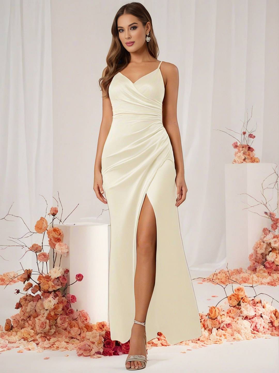 WW | Brautjungfernkleid Satin V-Ausschnitt Geteilter Rücken Ärmelloses Abendgast Hochzeitskleid