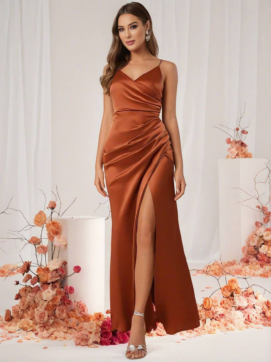 WW | Brautjungfernkleid Satin V-Ausschnitt Geteilter Rücken Ärmelloses Abendgast Hochzeitskleid