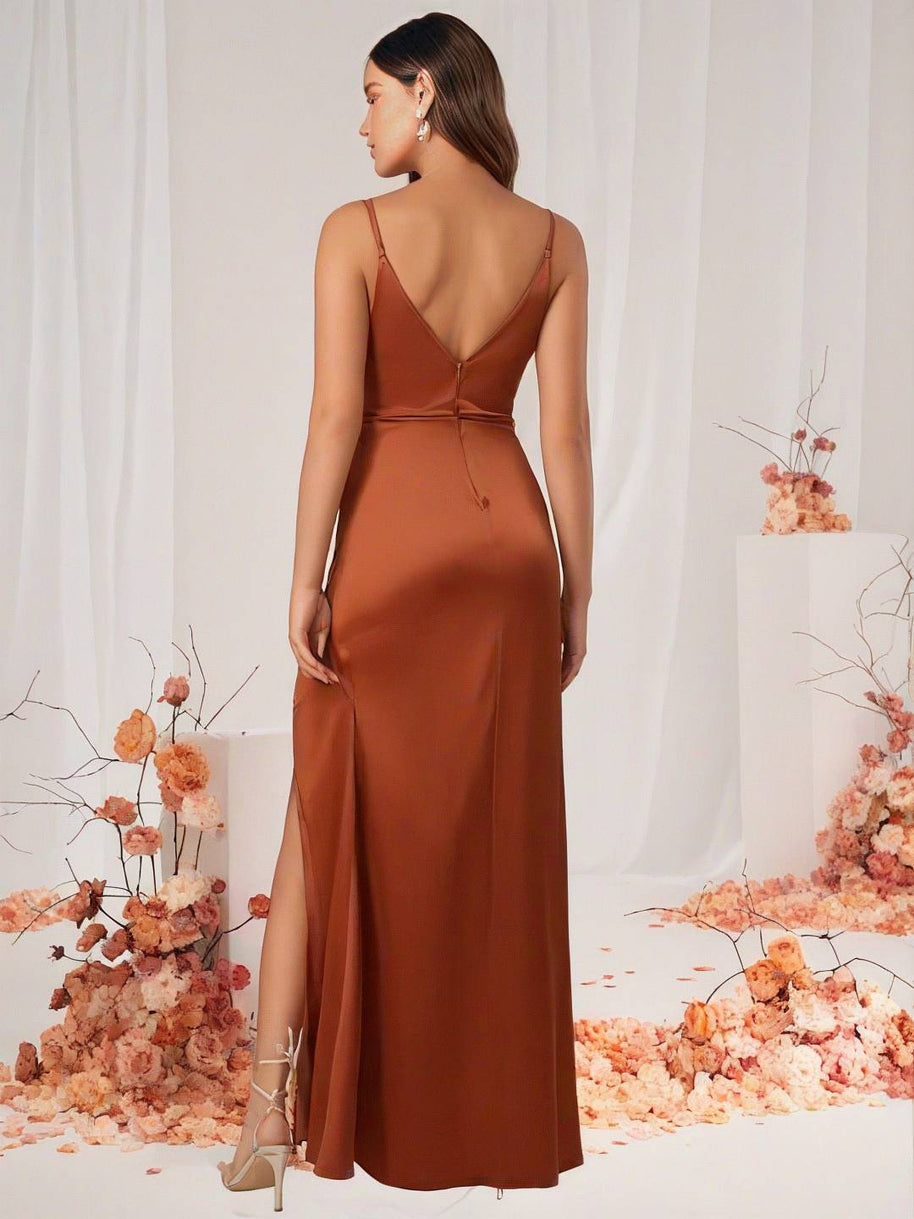 WW | Brautjungfernkleid Satin V-Ausschnitt Geteilter Rücken Ärmelloses Abendgast Hochzeitskleid
