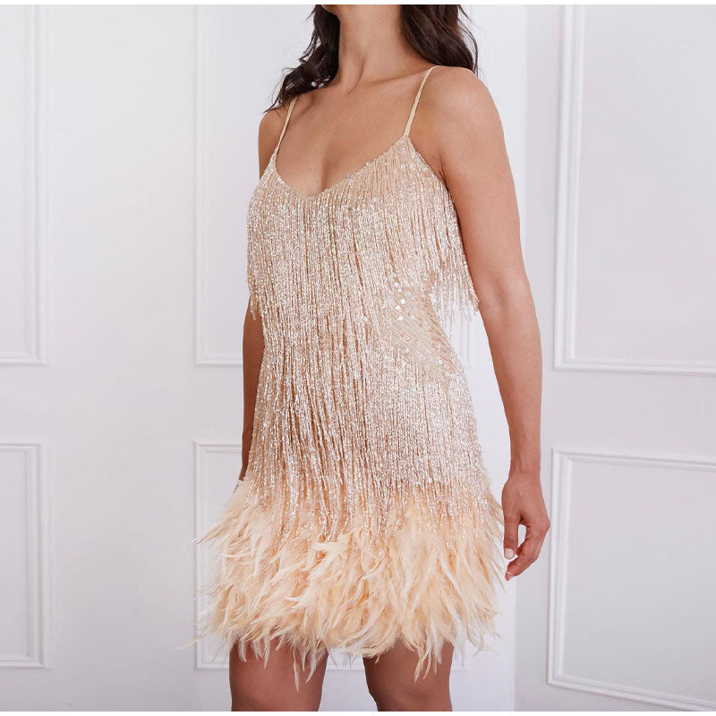 WW | Spagetti Träger Federn Minikleid Partykleid