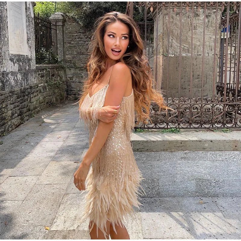 WW | Spagetti Träger Federn Minikleid Partykleid