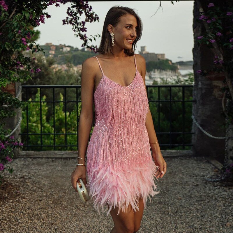 WW | Spagetti Träger Federn Minikleid Partykleid