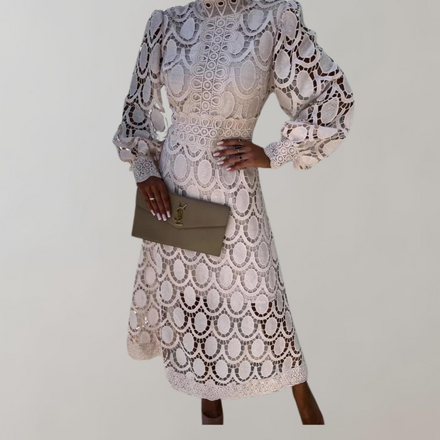 WW - Midikleid mit hohem Halsausschnitt und Spitzendetails | Kleid mit Puffärmeln und taillierten Bündchen