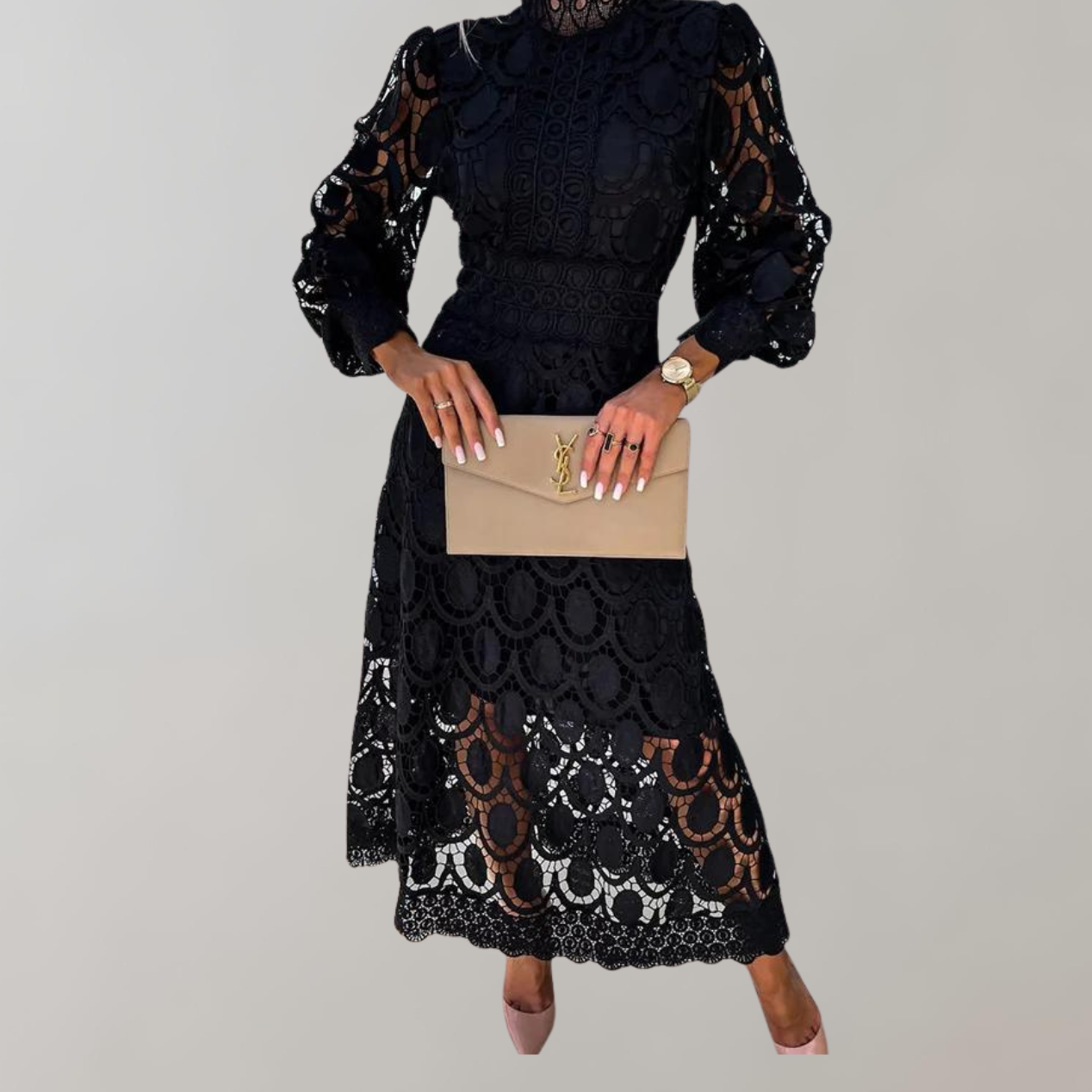 WW - Midikleid mit hohem Halsausschnitt und Spitzendetails | Kleid mit Puffärmeln und taillierten Bündchen