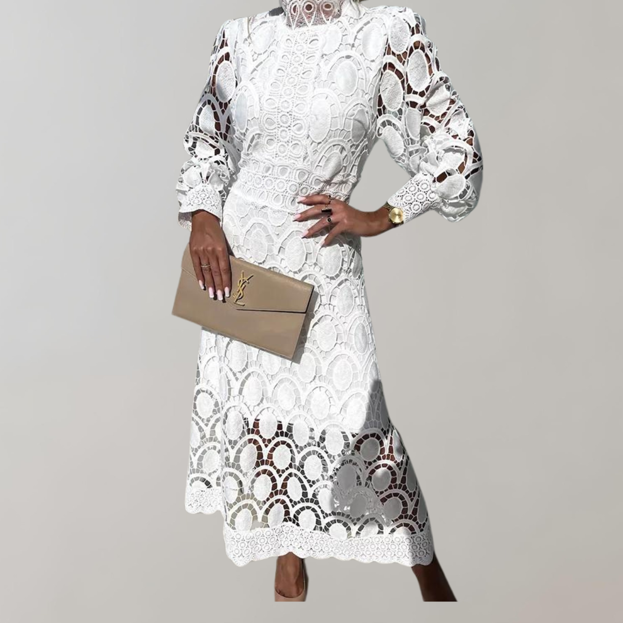 WW - Midikleid mit hohem Halsausschnitt und Spitzendetails | Kleid mit Puffärmeln und taillierten Bündchen