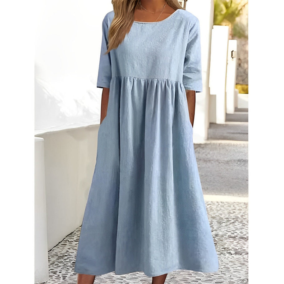 WW | Atmungsaktives Baumwoll-Leinen Vintage Midi-Kleid mit Falten-Design