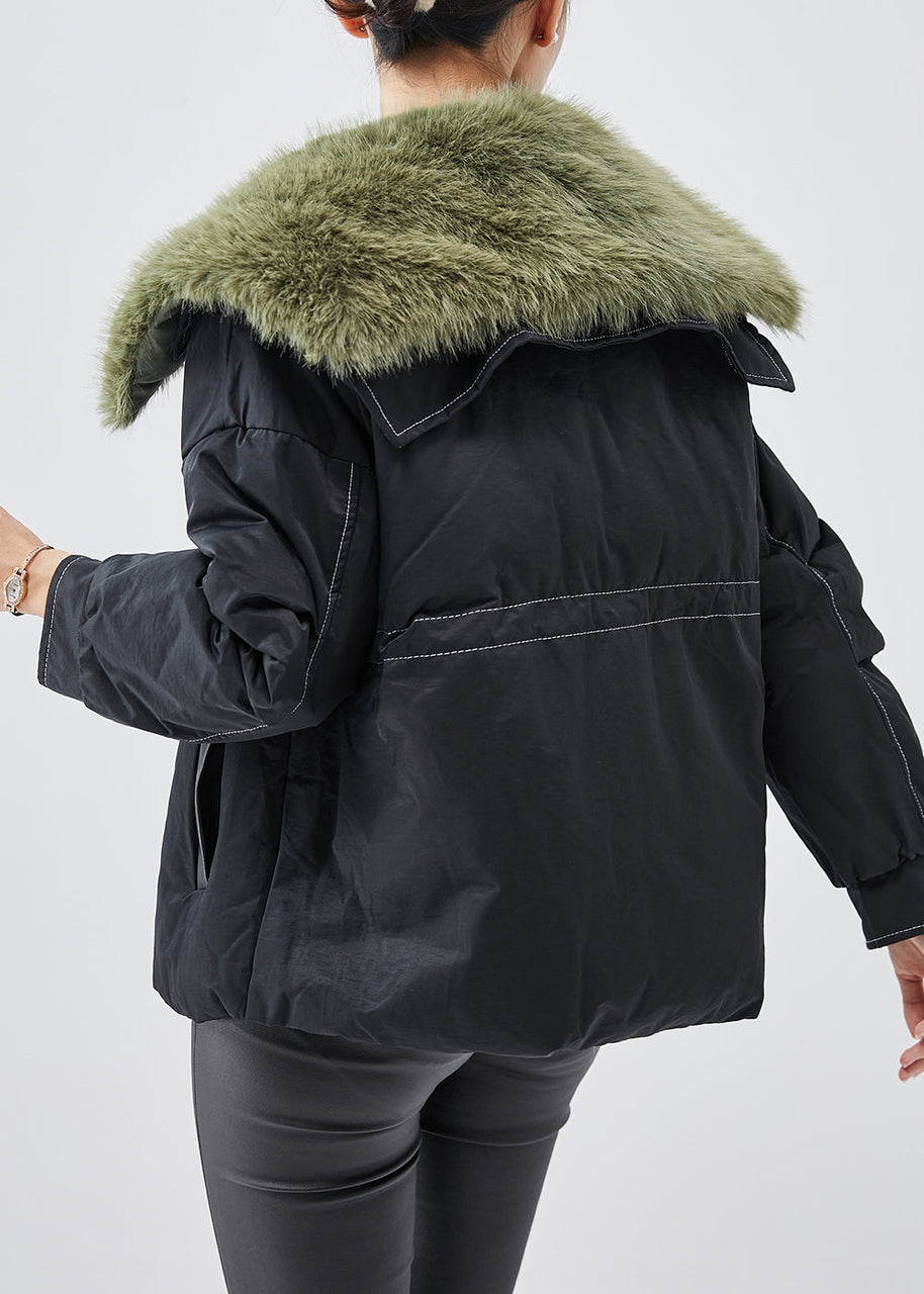 WW | Schwarze Pelzkragen Patchwork Feine Baumwollgefüllte Damen Wintermäntel