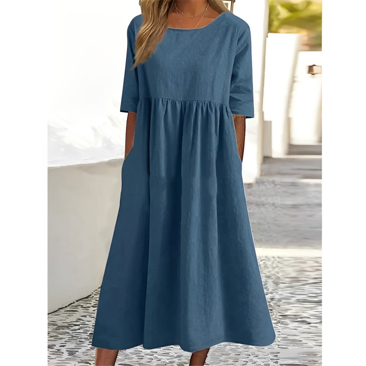 WW | Atmungsaktives Baumwoll-Leinen Vintage Midi-Kleid mit Falten-Design