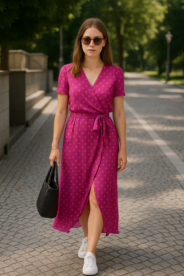 Sommerliches Maxikleid mit Punkten – Luftiges Kleid mit V-Ausschnitt, Bindegürtel & Schlitz