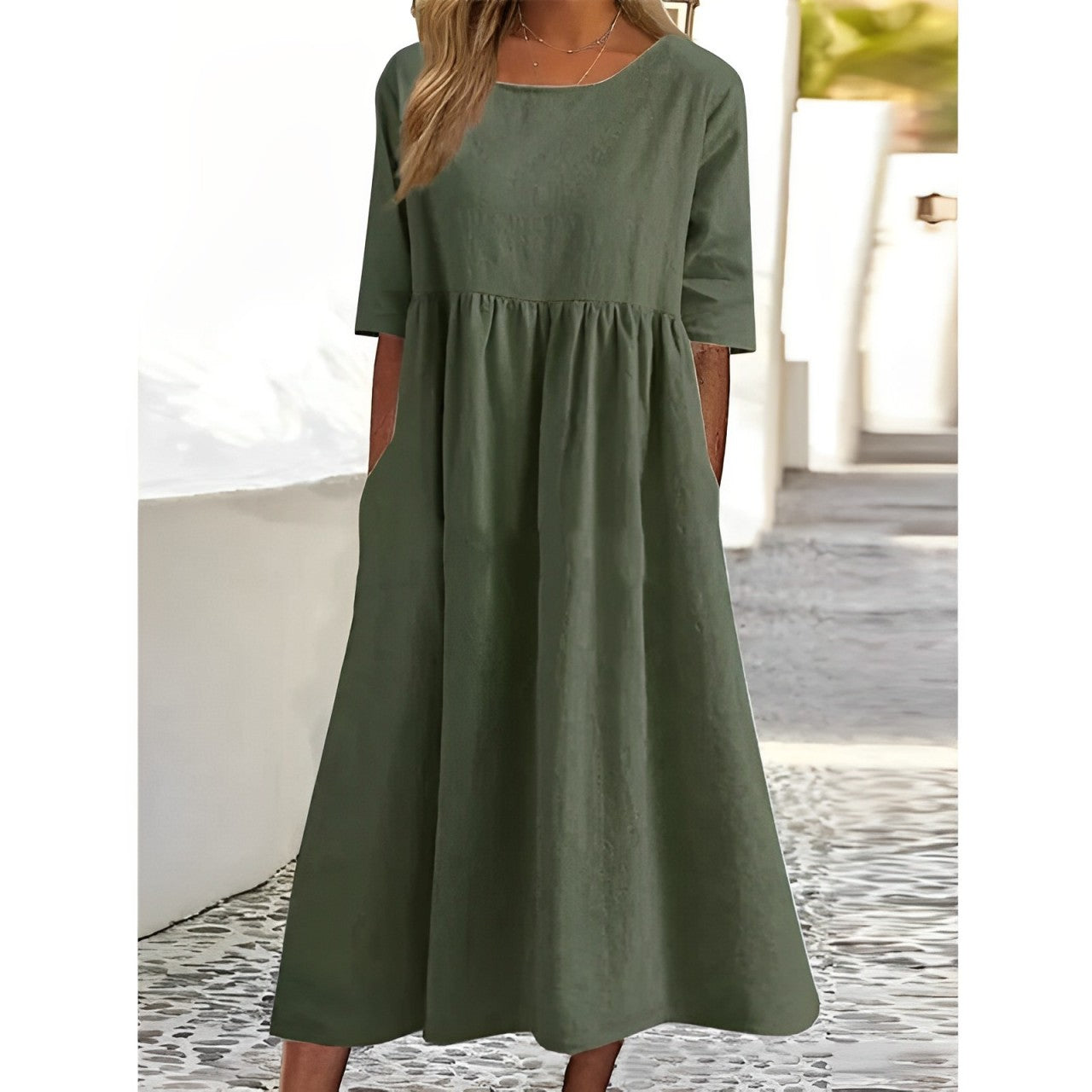 WW | Atmungsaktives Baumwoll-Leinen Vintage Midi-Kleid mit Falten-Design
