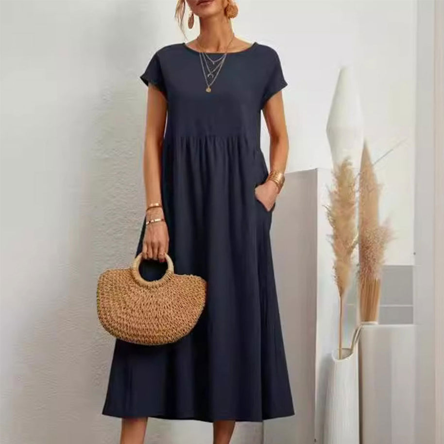 WW | lockeres Rundhals-Sommer-Midikleid aus Baumwolle und Leinen