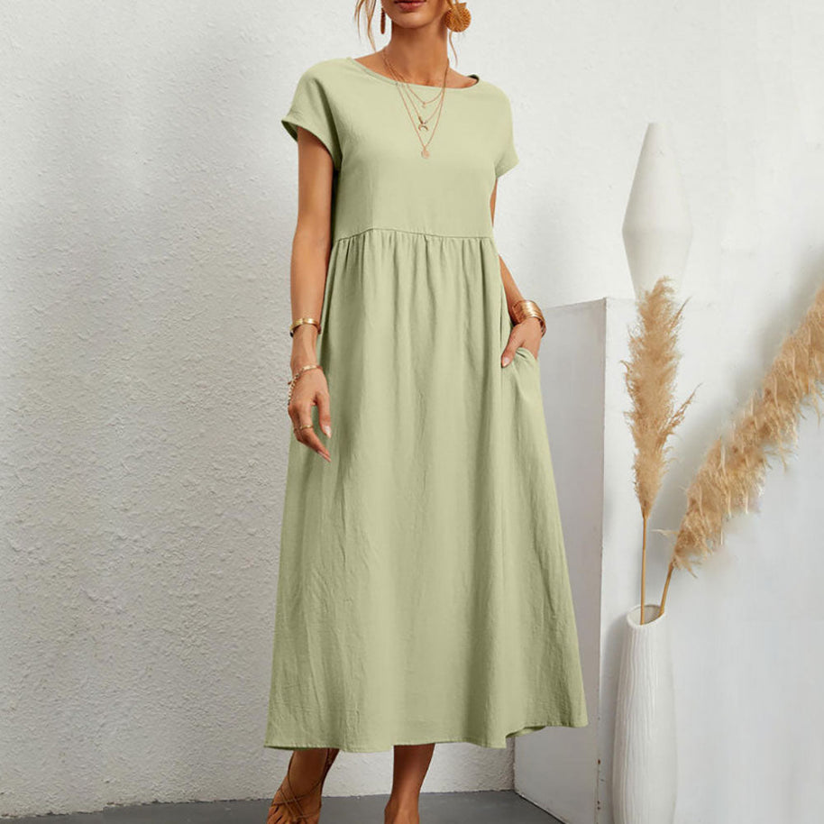 WW | lockeres Rundhals-Sommer-Midikleid aus Baumwolle und Leinen
