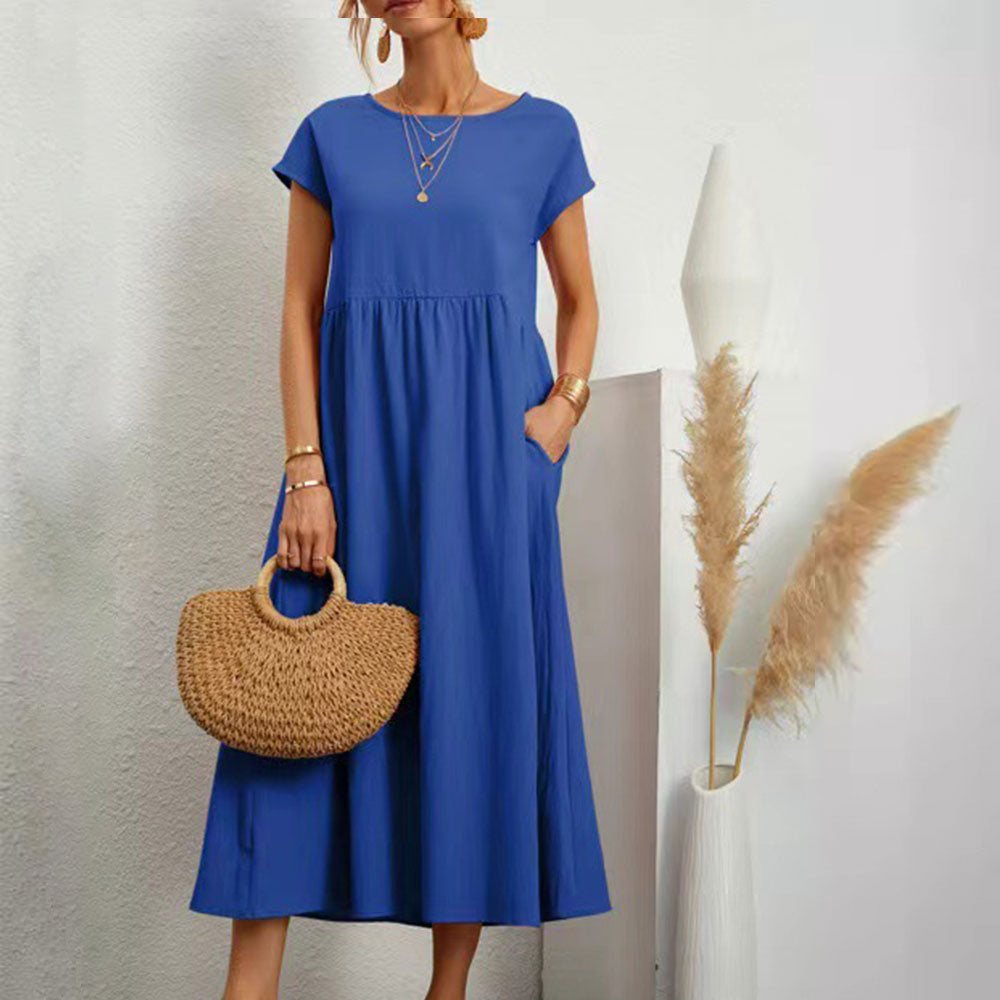WW | lockeres Rundhals-Sommer-Midikleid aus Baumwolle und Leinen