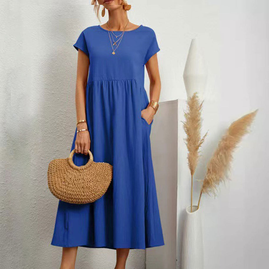 WW | lockeres Rundhals-Sommer-Midikleid aus Baumwolle und Leinen