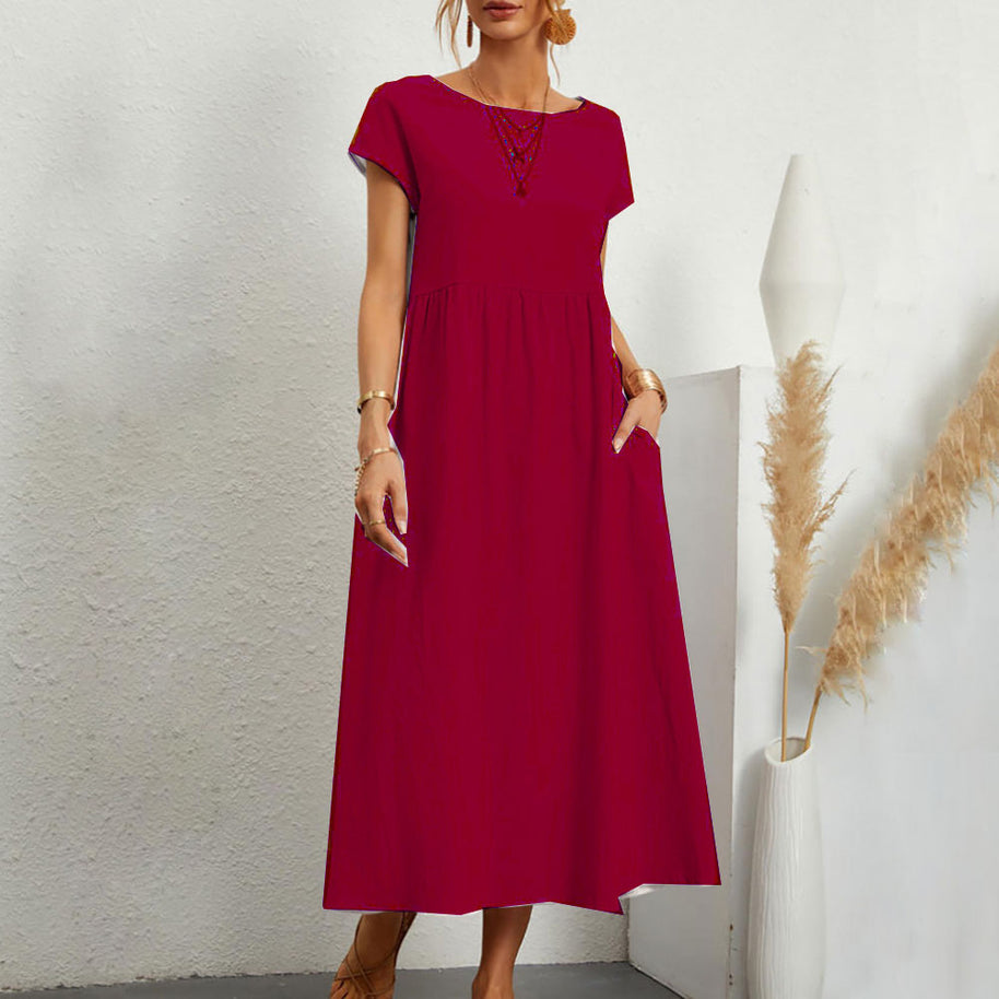 WW | lockeres Rundhals-Sommer-Midikleid aus Baumwolle und Leinen