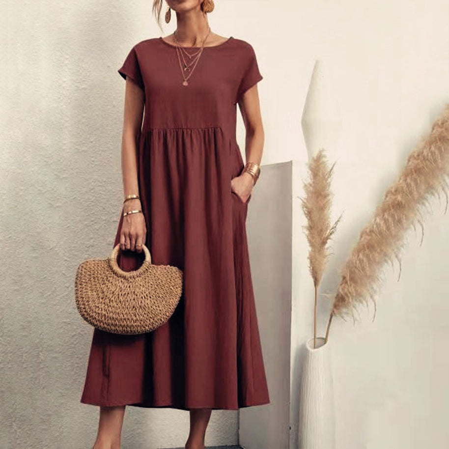 WW | lockeres Rundhals-Sommer-Midikleid aus Baumwolle und Leinen
