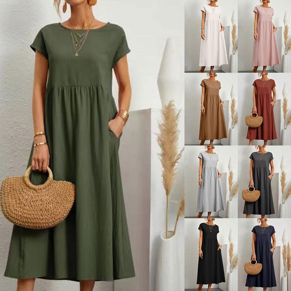 WW | lockeres Rundhals-Sommer-Midikleid aus Baumwolle und Leinen