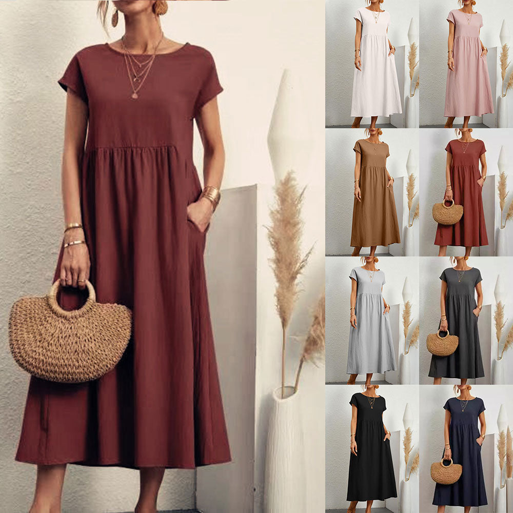 WW | lockeres Rundhals-Sommer-Midikleid aus Baumwolle und Leinen