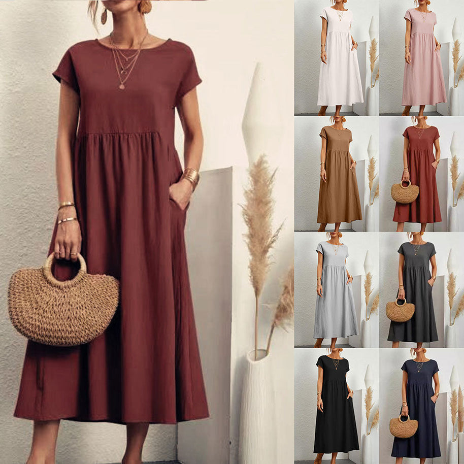 WW | lockeres Rundhals-Sommer-Midikleid aus Baumwolle und Leinen