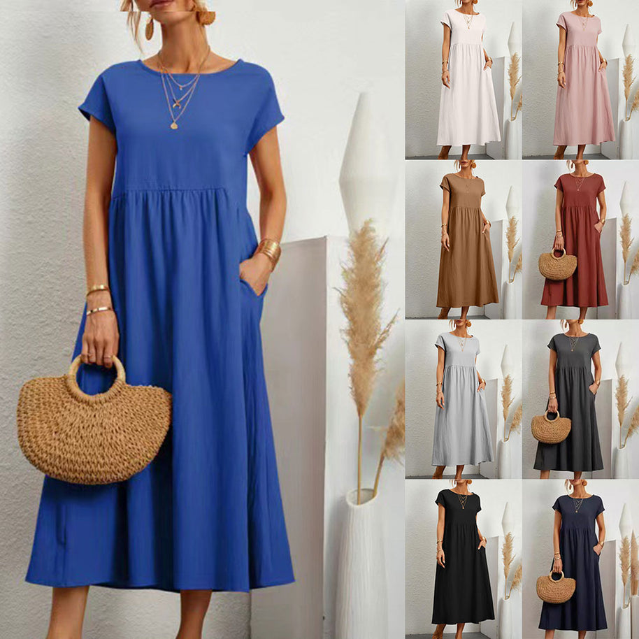 WW | lockeres Rundhals-Sommer-Midikleid aus Baumwolle und Leinen