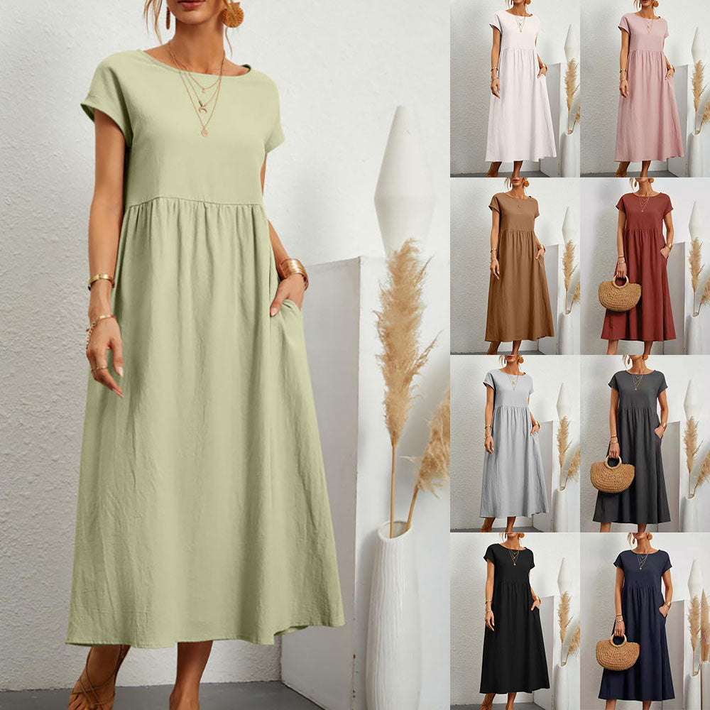 WW | lockeres Rundhals-Sommer-Midikleid aus Baumwolle und Leinen