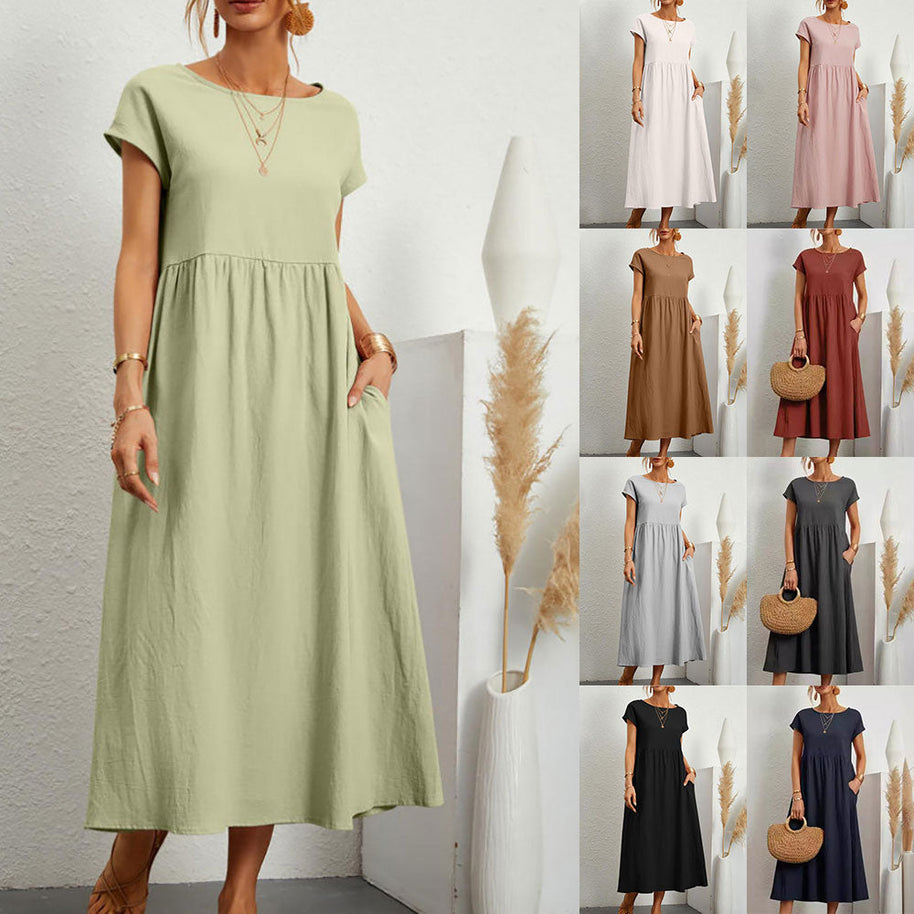 WW | lockeres Rundhals-Sommer-Midikleid aus Baumwolle und Leinen
