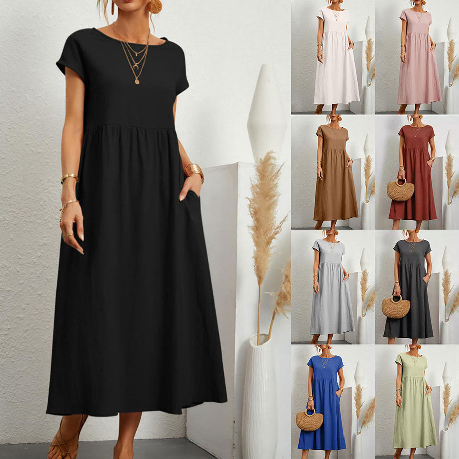 WW | lockeres Rundhals-Sommer-Midikleid aus Baumwolle und Leinen