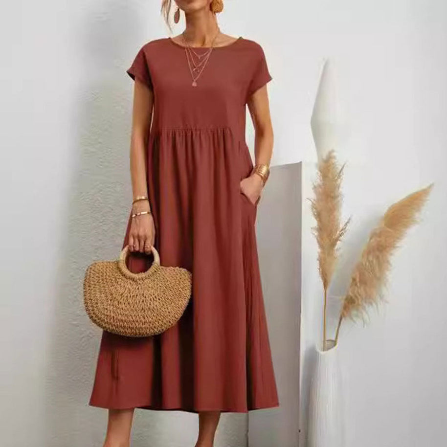 WW | lockeres Rundhals-Sommer-Midikleid aus Baumwolle und Leinen