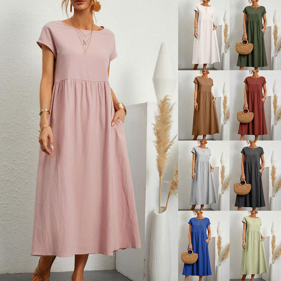WW | lockeres Rundhals-Sommer-Midikleid aus Baumwolle und Leinen
