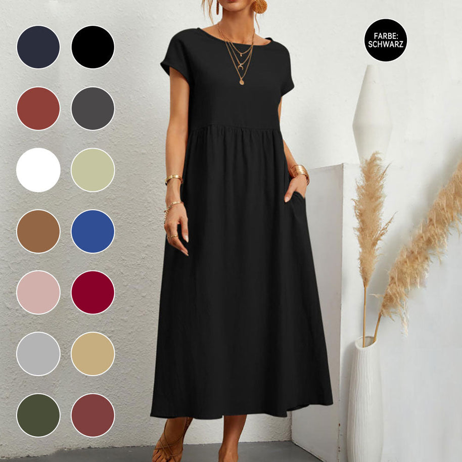 WW | lockeres Rundhals-Sommer-Midikleid aus Baumwolle und Leinen