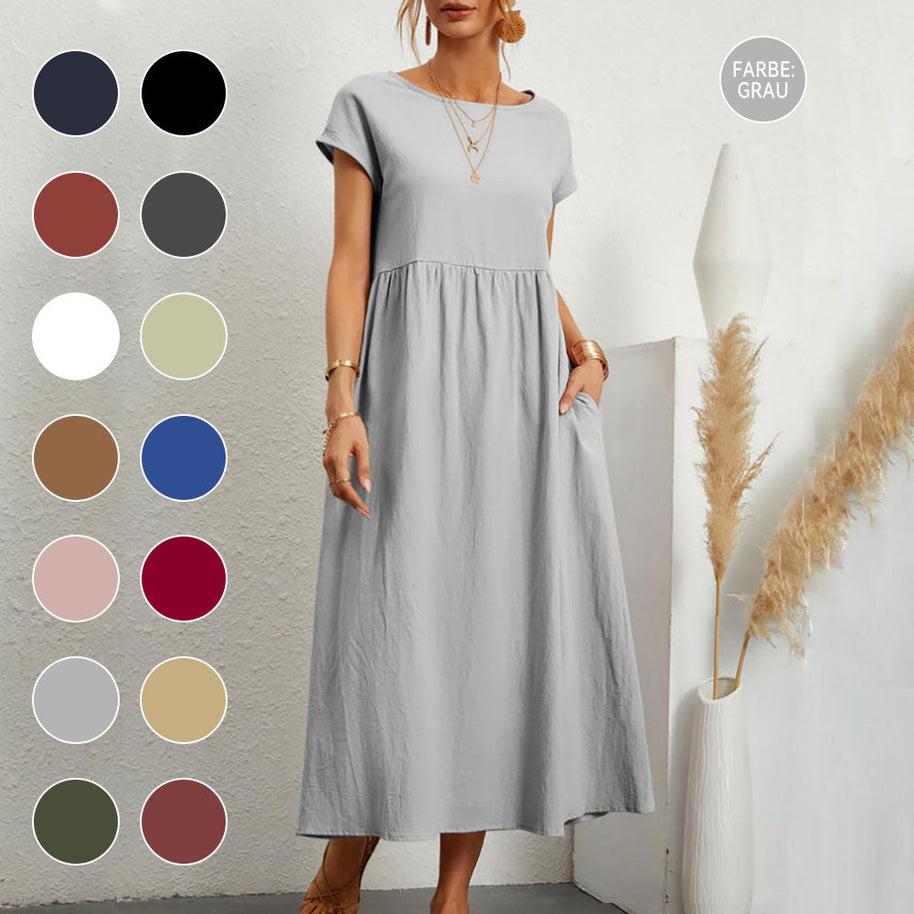WW | lockeres Rundhals-Sommer-Midikleid aus Baumwolle und Leinen