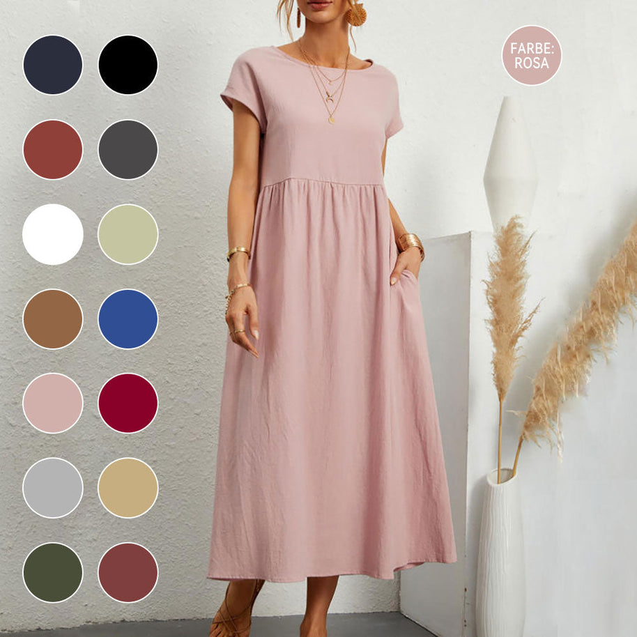 WW | lockeres Rundhals-Sommer-Midikleid aus Baumwolle und Leinen