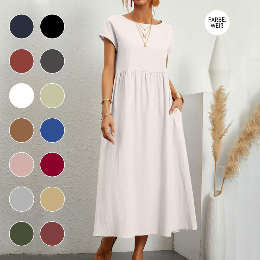 WW | lockeres Rundhals-Sommer-Midikleid aus Baumwolle und Leinen