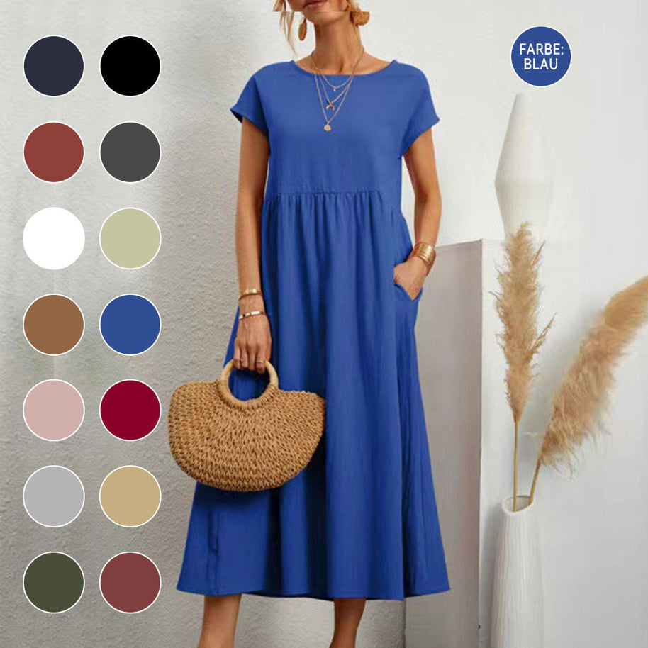 WW | lockeres Rundhals-Sommer-Midikleid aus Baumwolle und Leinen