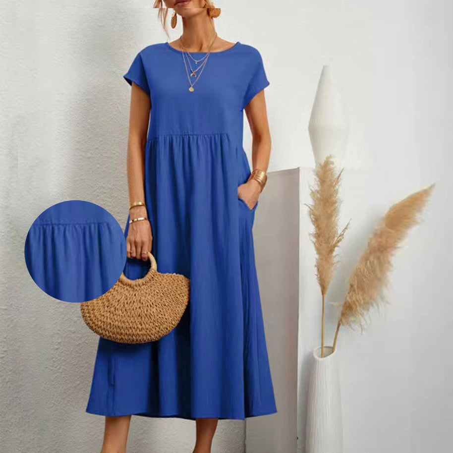 WW | lockeres Rundhals-Sommer-Midikleid aus Baumwolle und Leinen