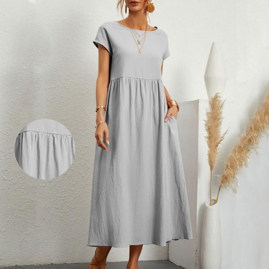 WW | lockeres Rundhals-Sommer-Midikleid aus Baumwolle und Leinen