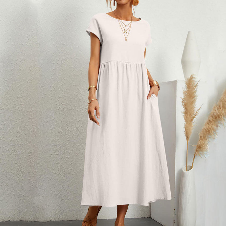WW | lockeres Rundhals-Sommer-Midikleid aus Baumwolle und Leinen