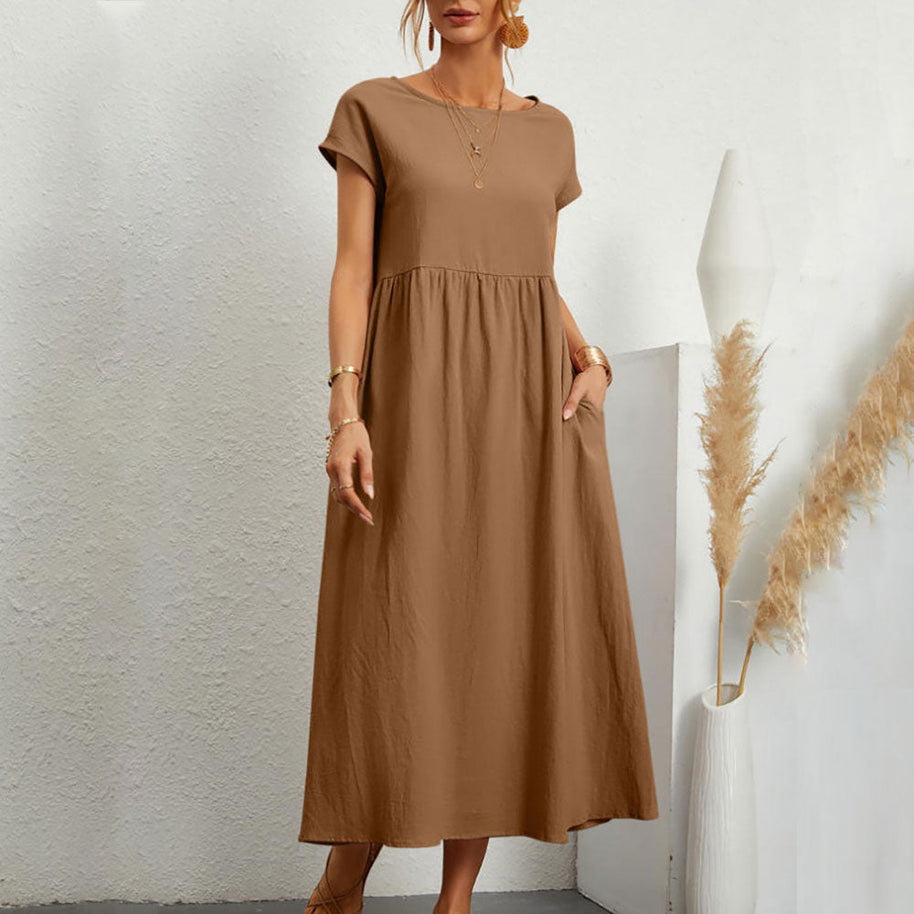 WW | lockeres Rundhals-Sommer-Midikleid aus Baumwolle und Leinen